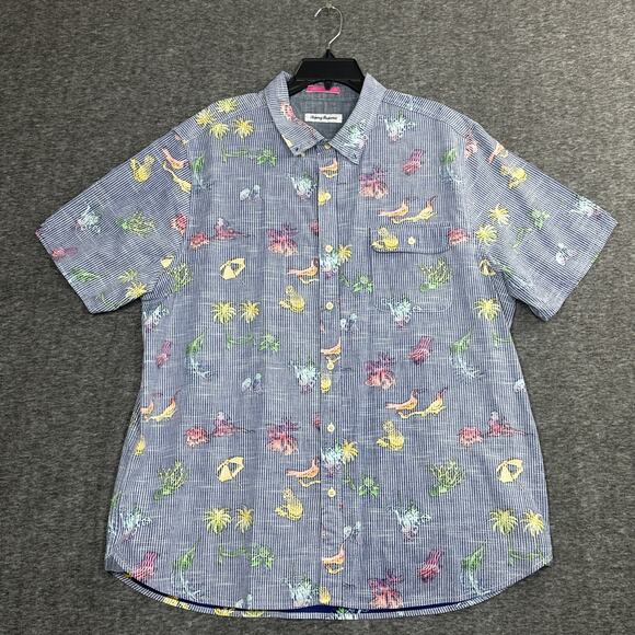Tommy Bahama Hawaiian Shirt Mens XL Striped Button Up Palm-Versational Beach - Picture 1 of 7